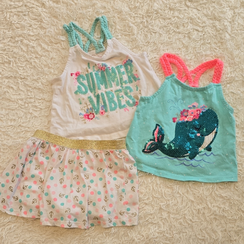 Kids' Summer Vibes & Sequin Whale Tank Tops Set in Aqua, White & Pink